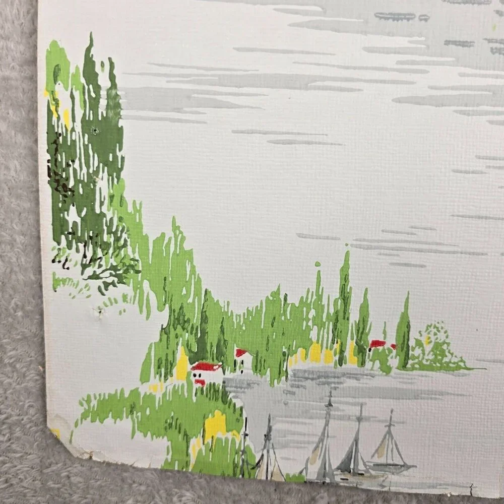 Vintage Wallpaper Sample Sheet 60s 70s Retro Landscape Seaside Town Craft Supply
